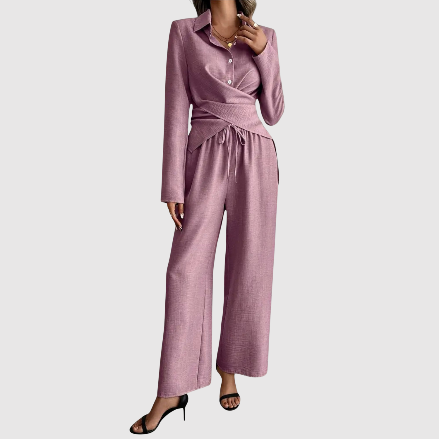 Natálie – Elegancki komplet z wiązaną bluzką i spodniami