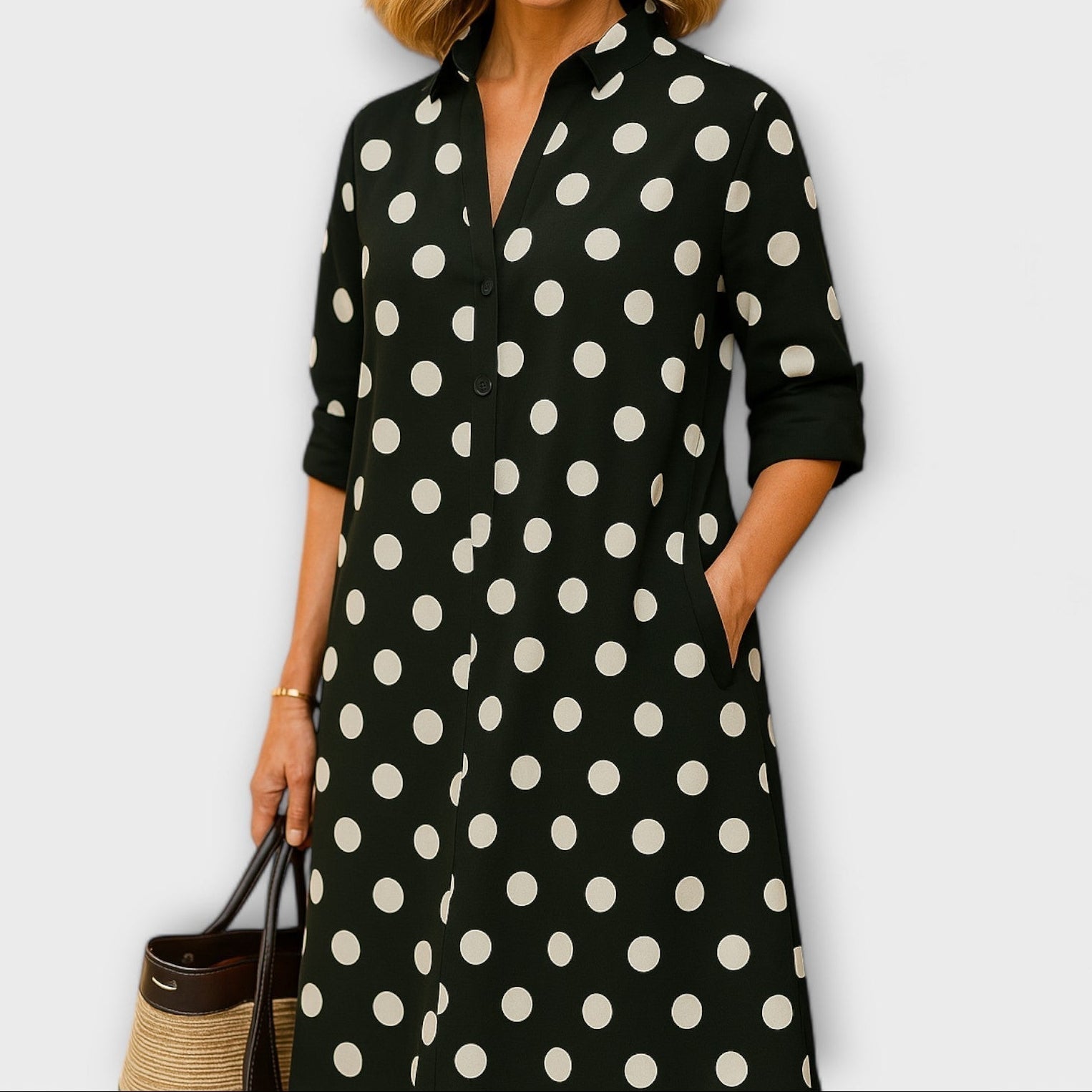 Eliška - Nowoczesna sukienka koszulowa z kołnierzykiem i rękawami 3/4