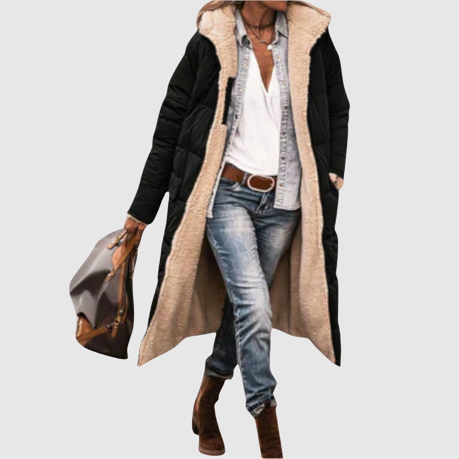 Jelena – Długa półprzejrzysta kurtka z puchowym ociepleniem wewnętrznym