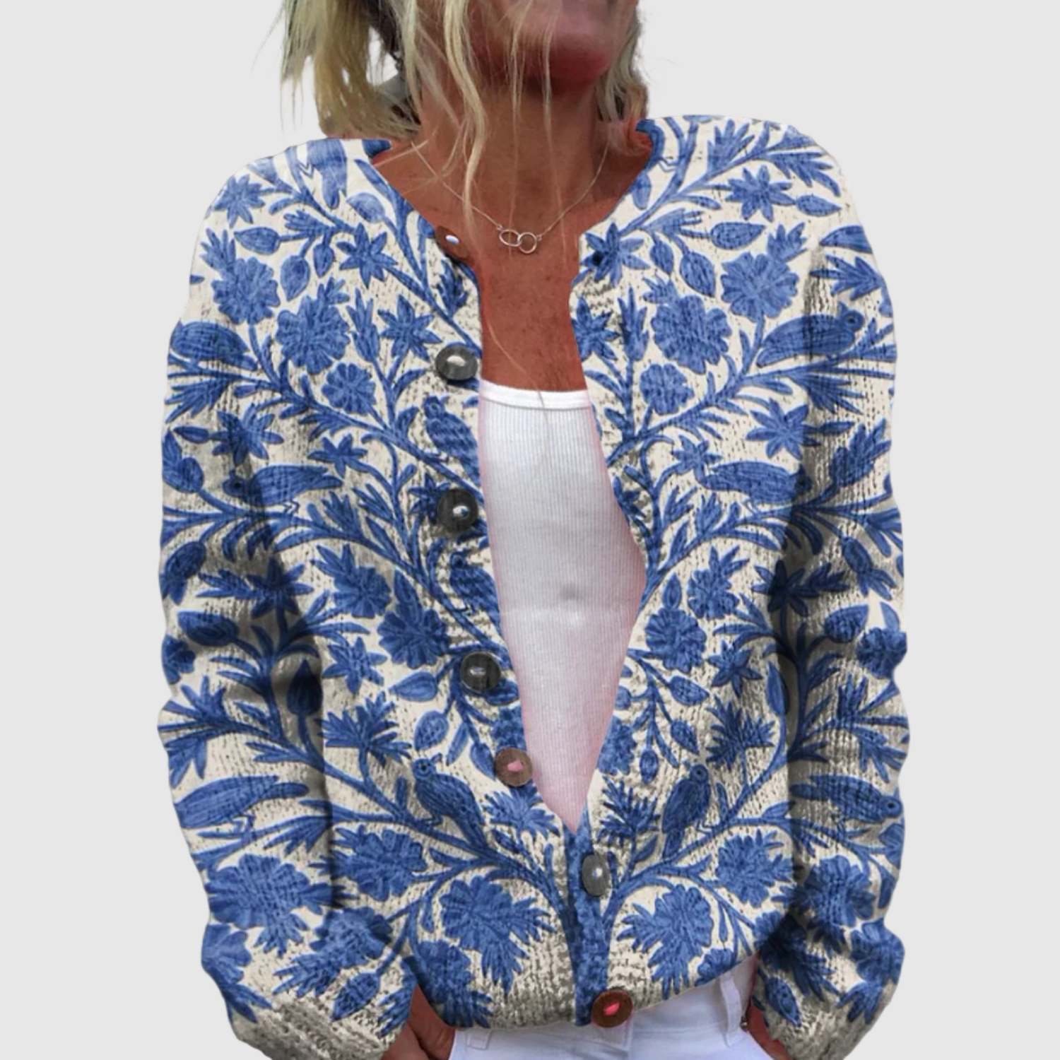 Nora – Kardigan w kwiatowy wzór z guzikami