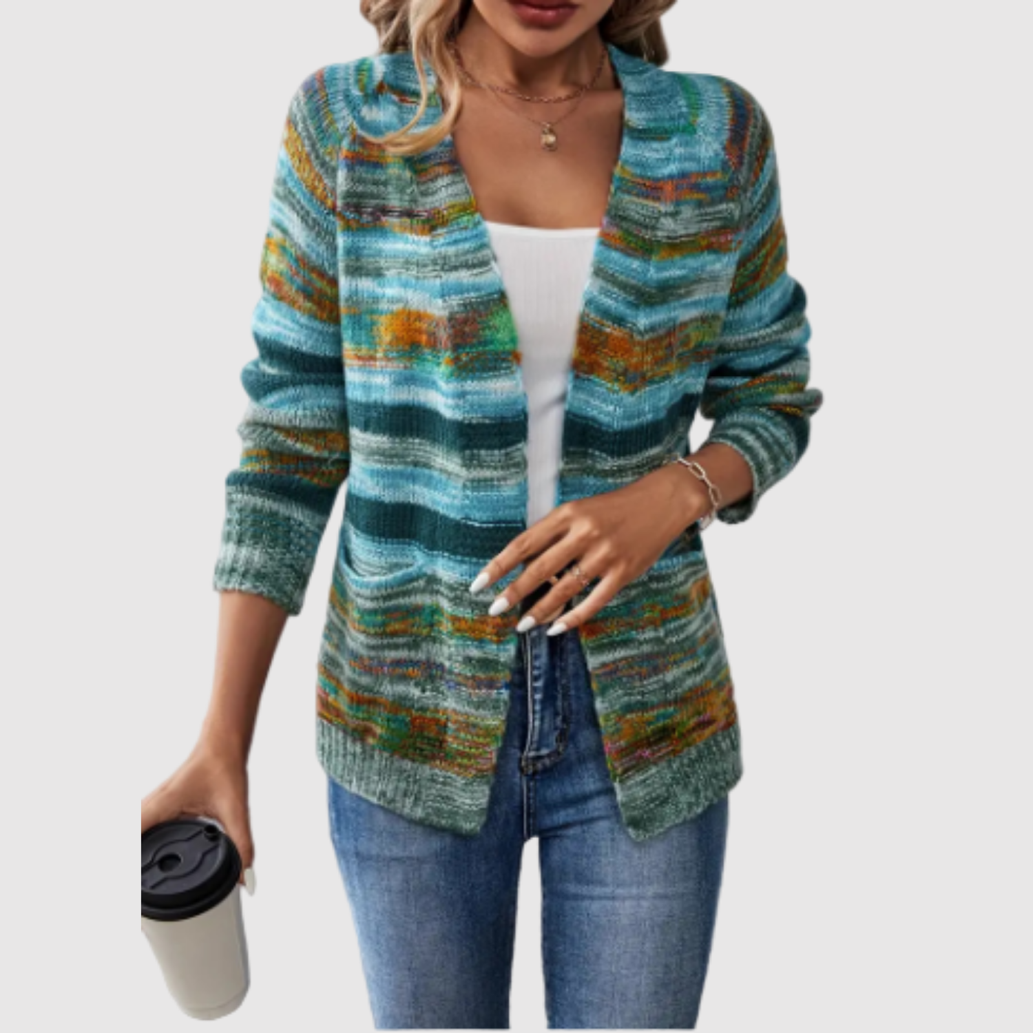 Jelena – Pleciony kardigan z wielokolorowym wzorem