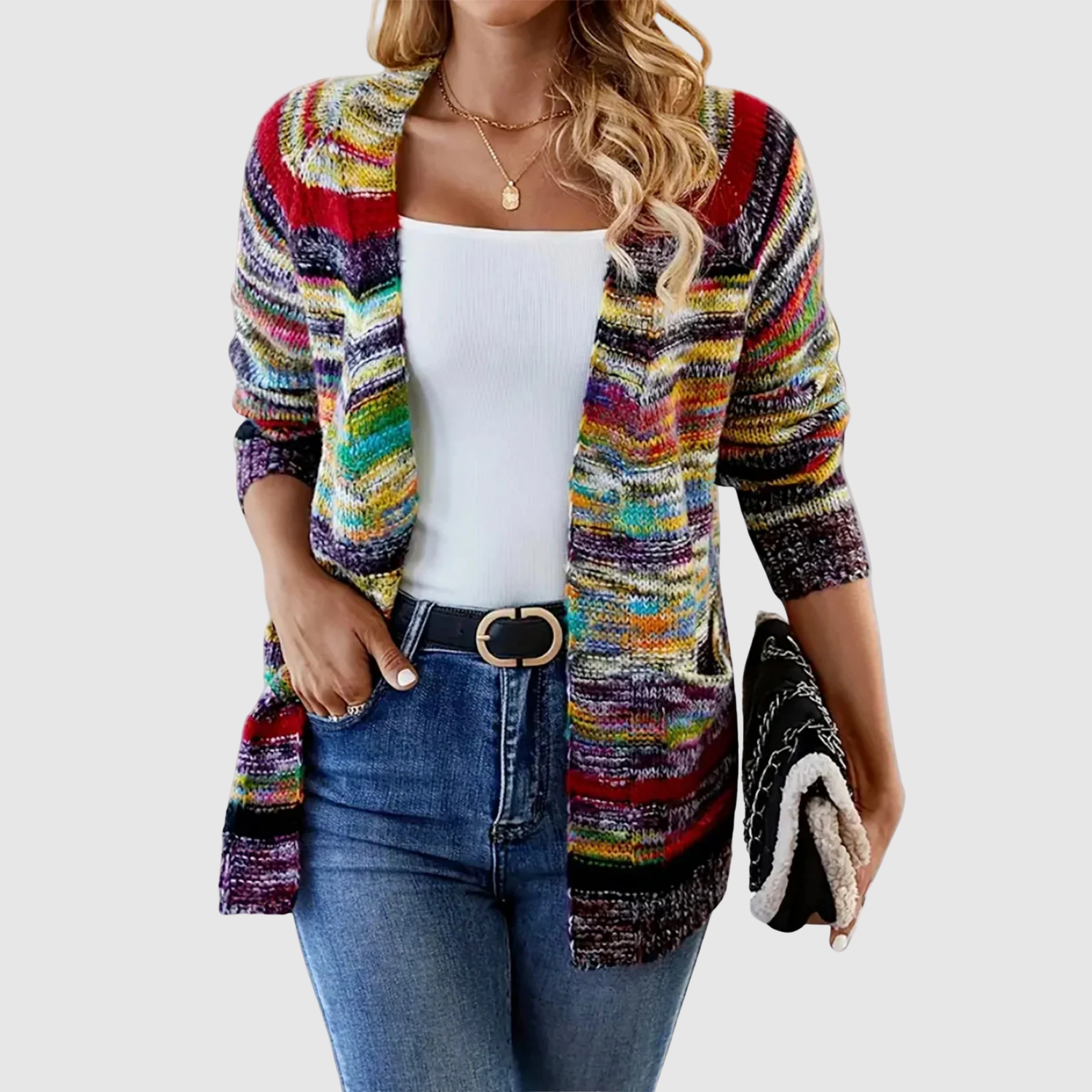 Jelena – Pleciony kardigan z wielokolorowym wzorem