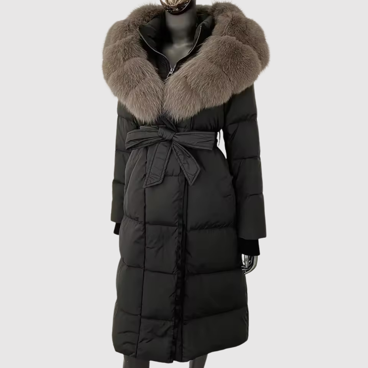 Jelena - Luksusowy długi zimowy płaszcz z futrzanym kapturem