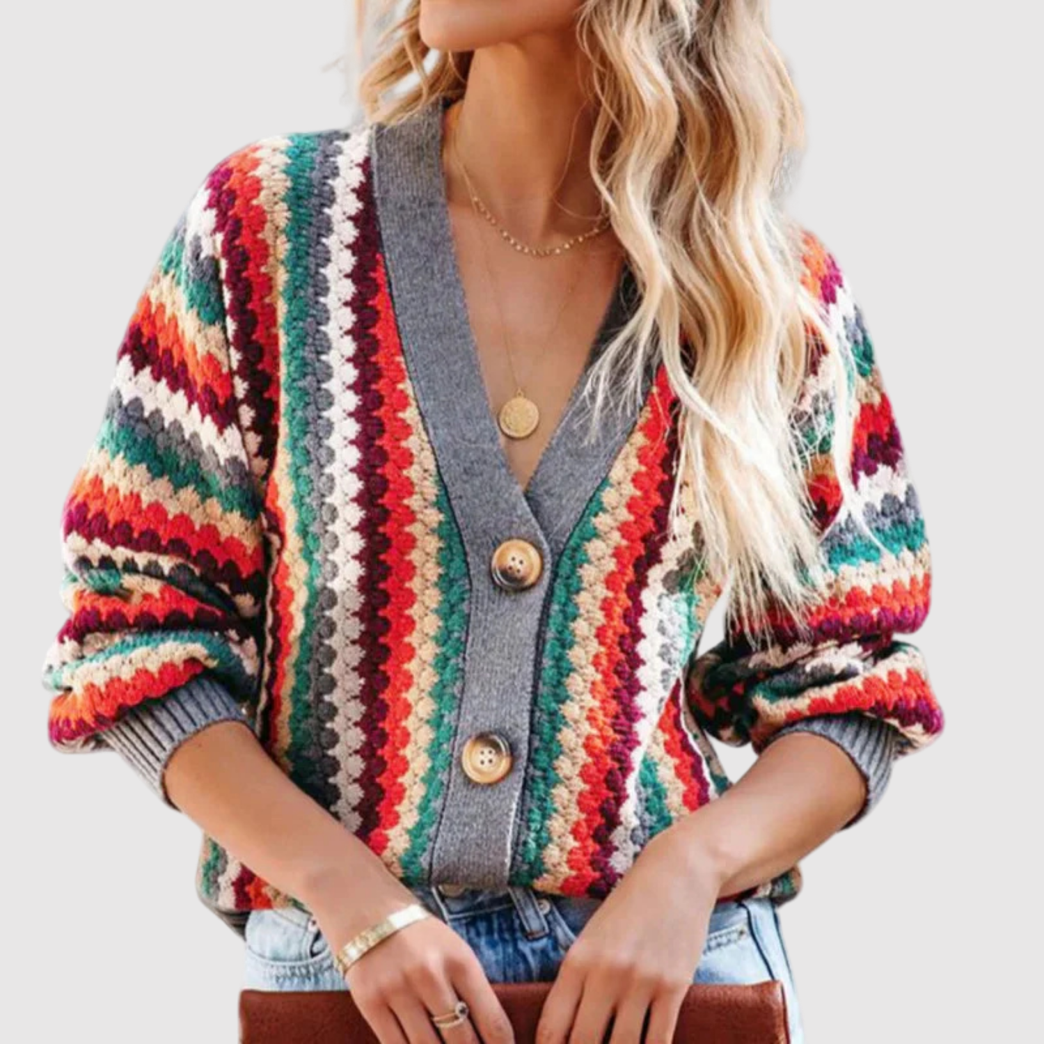 Nora – Kolorowy sweter z guzikami