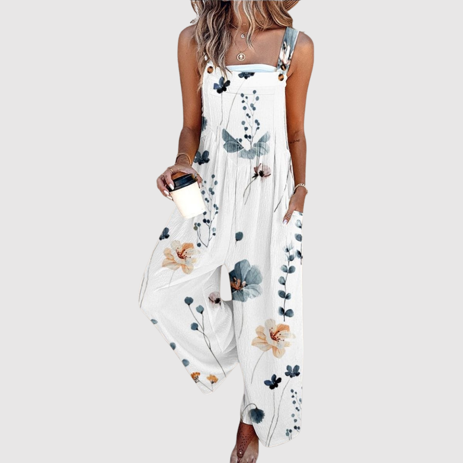 Natálie – Kwiatowy kombinezon z szerokimi nogawkami